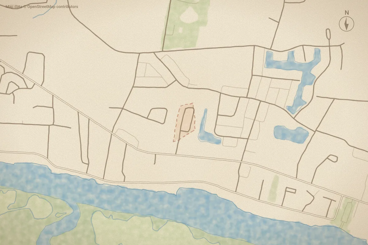 Watercolor map of Kathryn Court in Beaufort, NC, showing its streets, water and surroundings