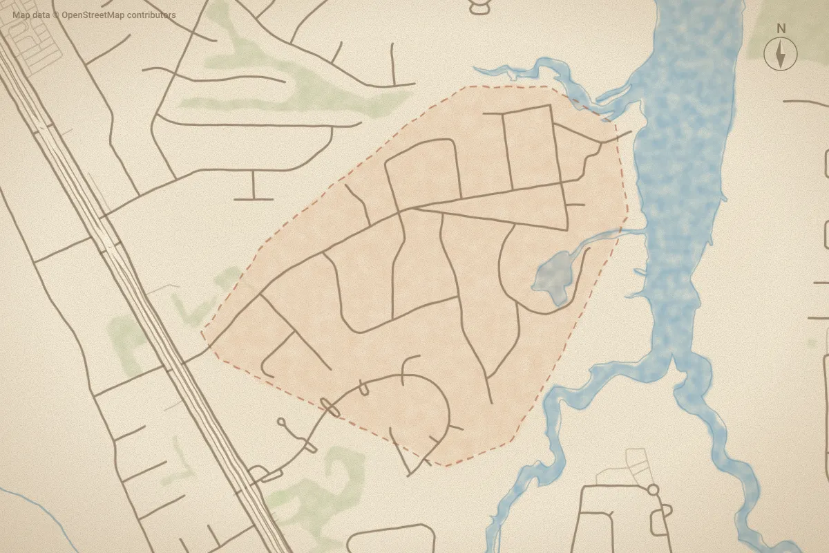 Watercolor map of Ketner Heights in Havelock, NC, showing its streets, water and surroundings