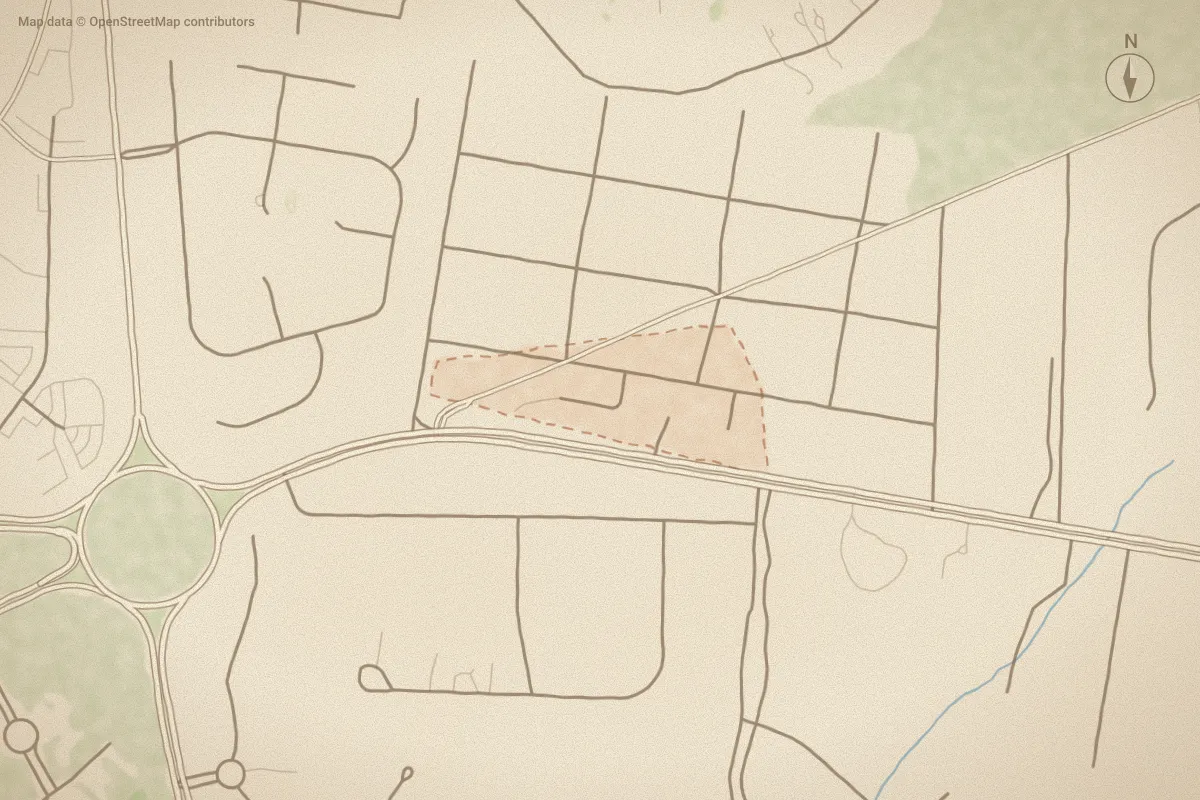 Watercolor map of Kings Grant in Pinehurst, NC, showing its streets, water and surroundings