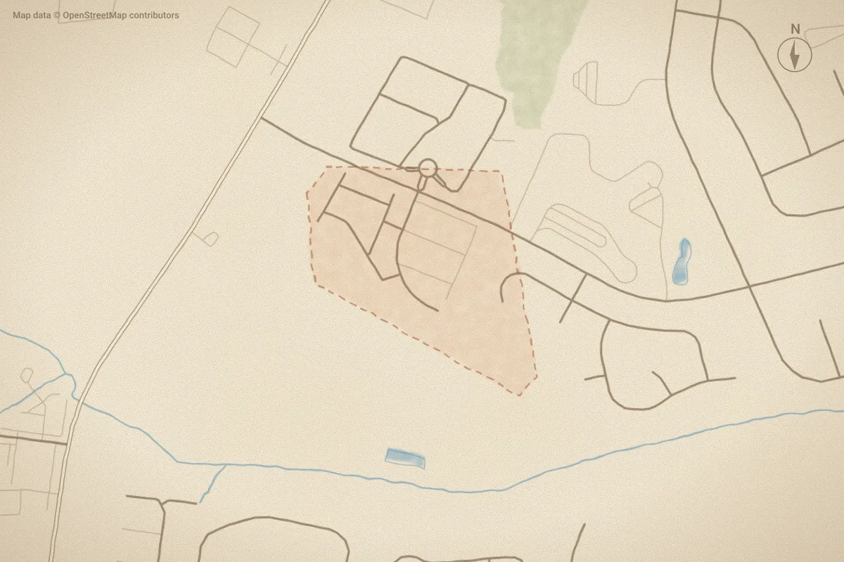 Watercolor map of Kinsey Creek in Greenville, NC, showing its streets, water and surroundings