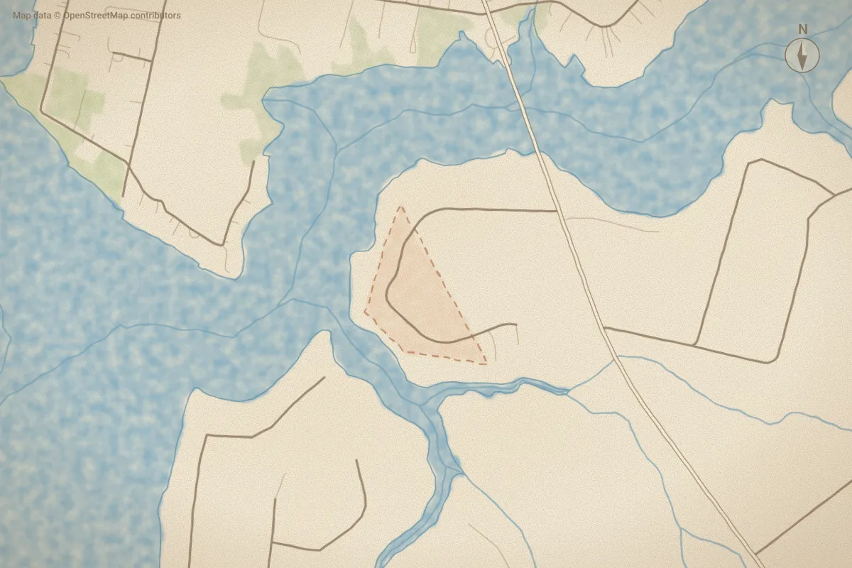 Watercolor map of Kirby Grange in Bath, NC, showing its streets, water and surroundings