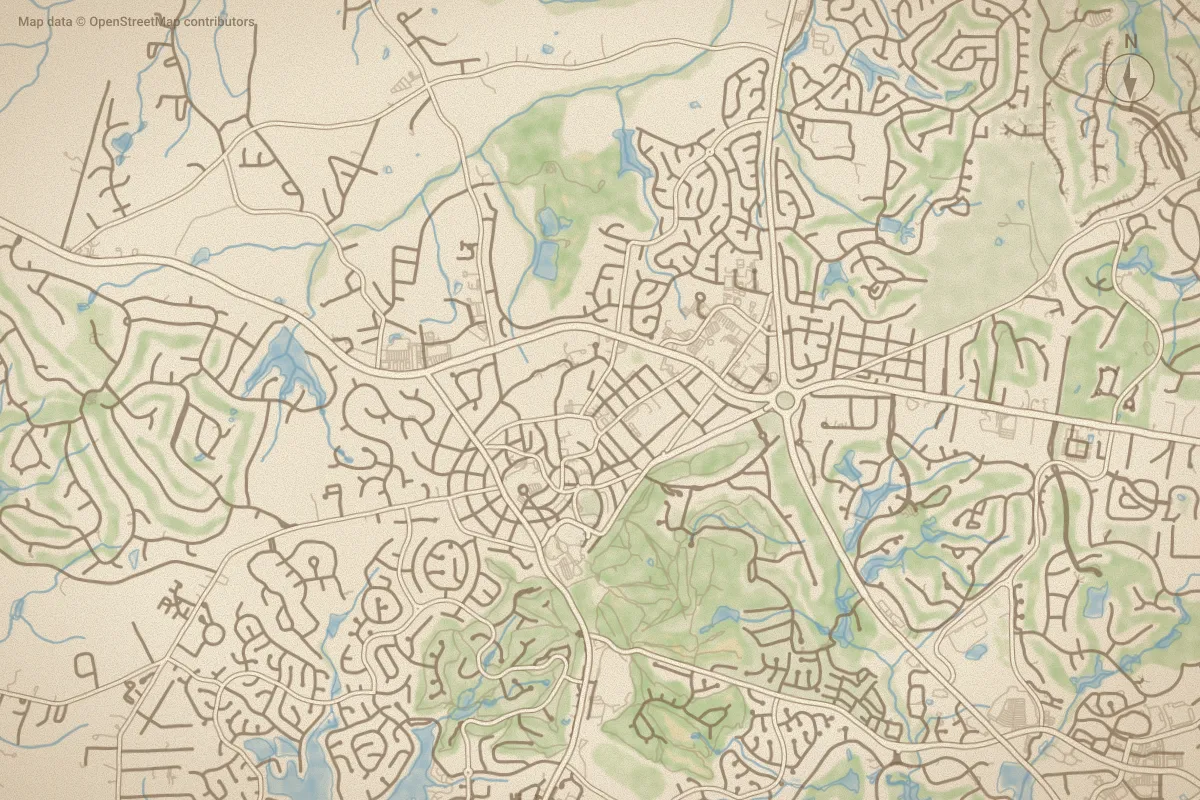 Watercolor map of Lake Diamond in Pinehurst, NC, showing its streets, water and surroundings