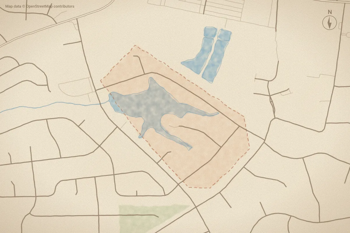 Watercolor map of Lake Glenwood in Greenville, NC, showing its streets, water and surroundings