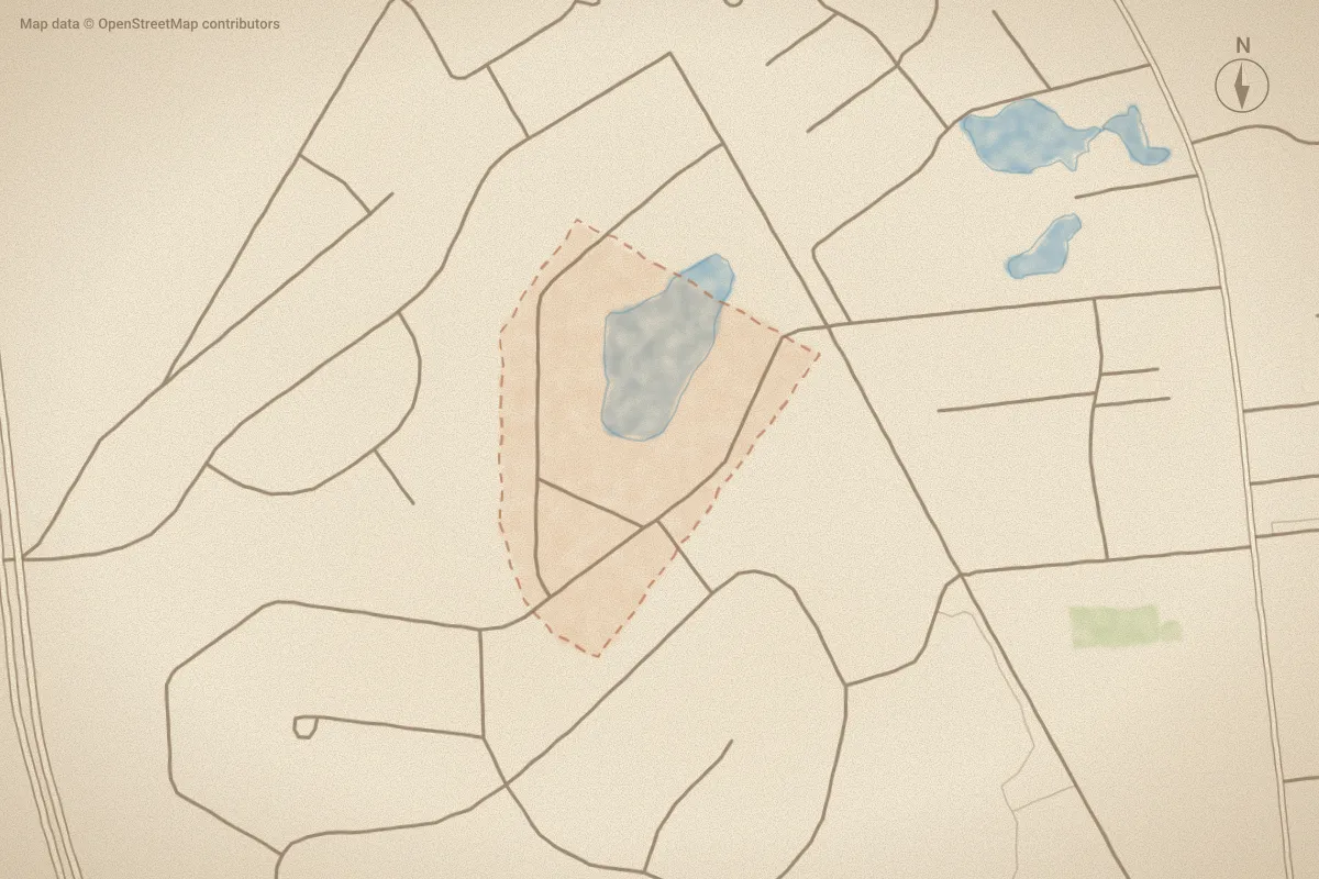 Watercolor map of Lake Park in Newport, NC, showing its streets, water and surroundings