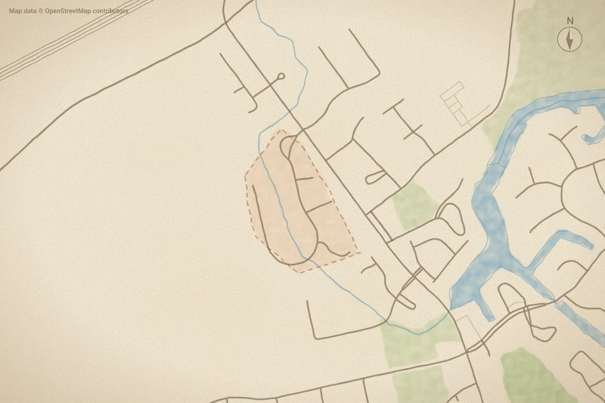 Watercolor map of Lakemere in New Bern, NC, showing its streets, water and surroundings