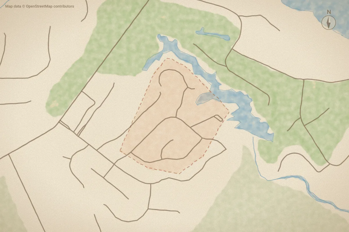 Watercolor map of Lakeside At Carolina Pines in New Bern, NC, showing its streets, water and surroundings