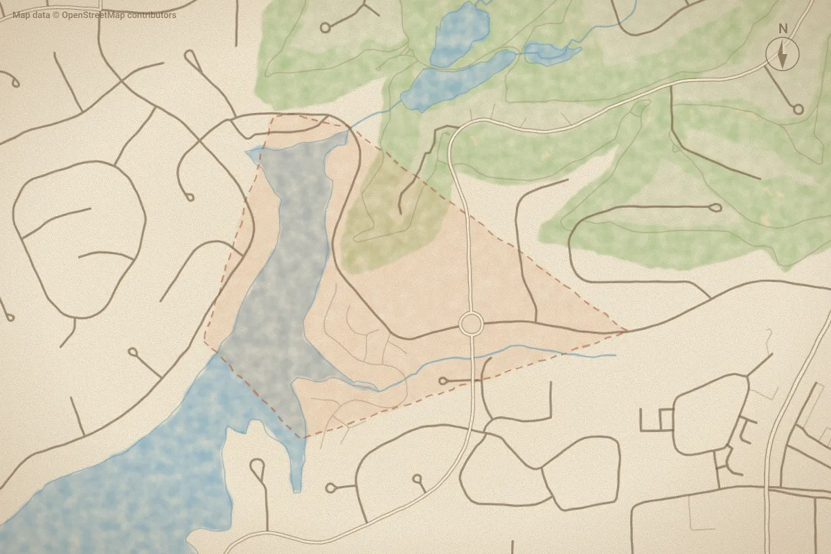Watercolor map of Lakeview Condos in Pinehurst, NC, showing its streets, water and surroundings
