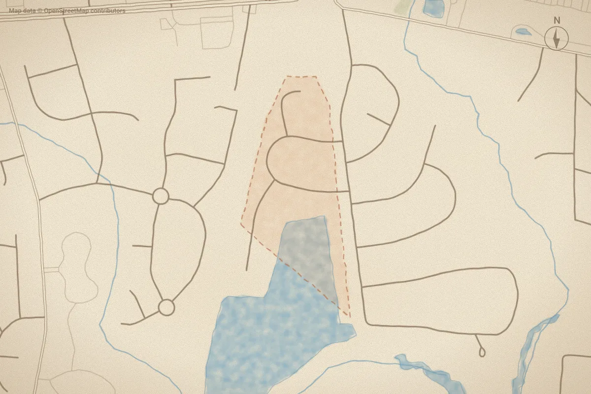 Watercolor map of Lakeview Estates in New Bern, NC, showing its streets, water and surroundings