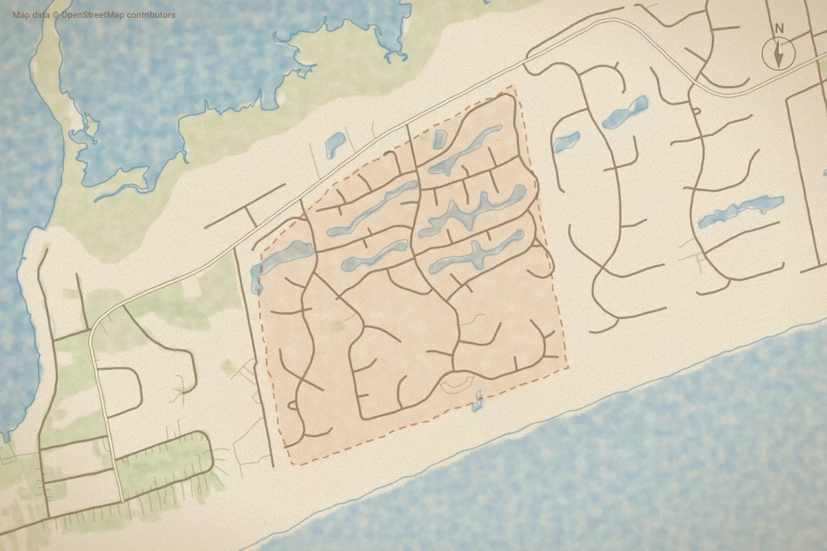 Watercolor map of Lands End in Emerald Isle, NC, showing its streets, water and surroundings