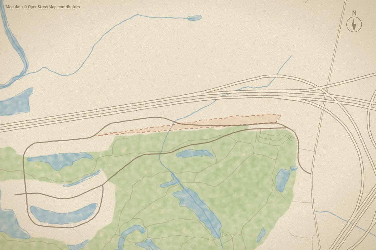 Watercolor map of Lane Tree Villas in Goldsboro, NC, showing its streets, water and surroundings