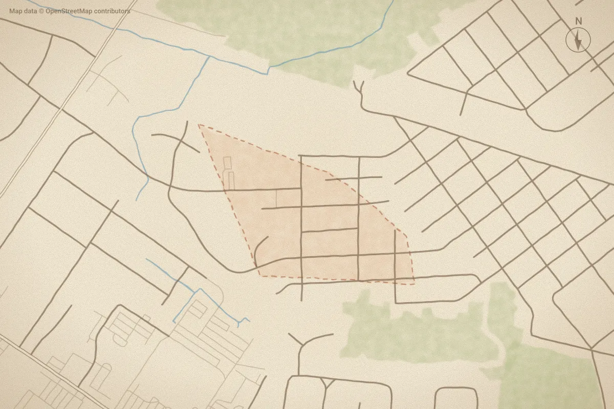 Watercolor map of Larksville in New Bern, NC, showing its streets, water and surroundings
