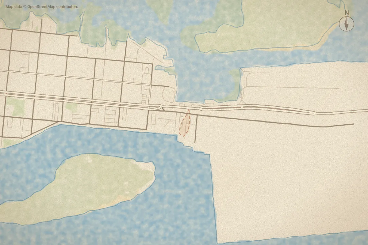 Watercolor map of Leeward Harbor in Morehead City, NC, showing its streets, water and surroundings