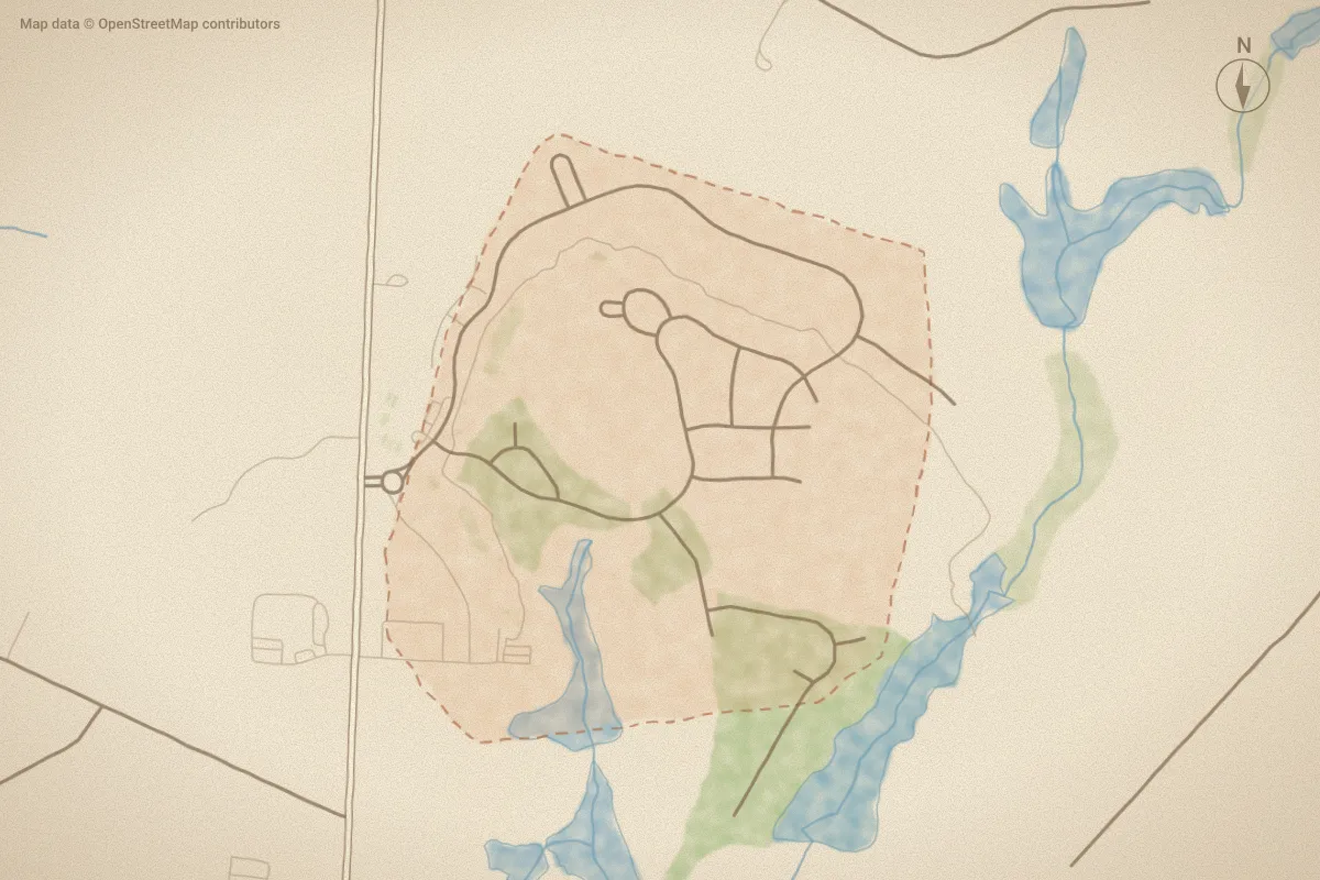 Watercolor map of Legacy Lakes in Aberdeen, NC, showing its streets, water and surroundings