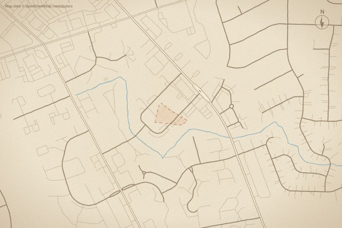 Watercolor map of Lexington Square in Greenville, NC, showing its streets, water and surroundings
