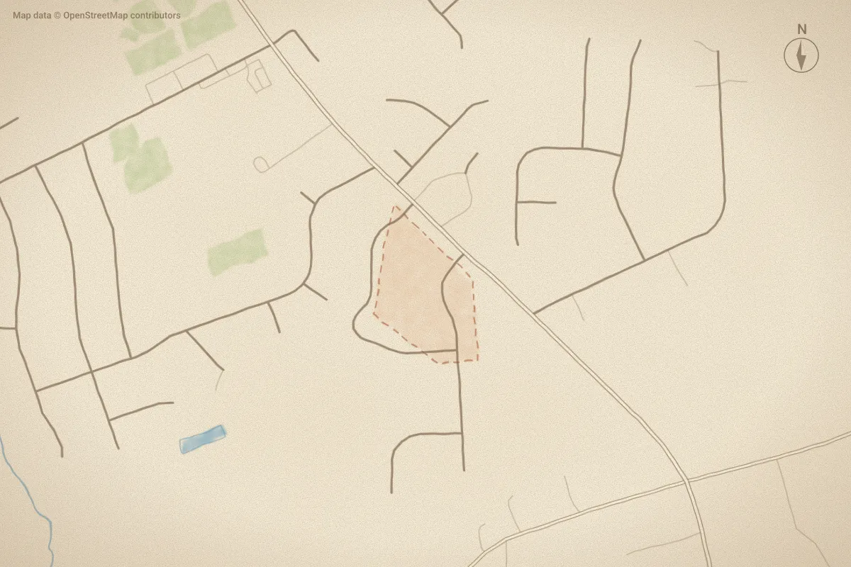 Watercolor map of Liberty Acres in Nashville, NC, showing its streets, water and surroundings