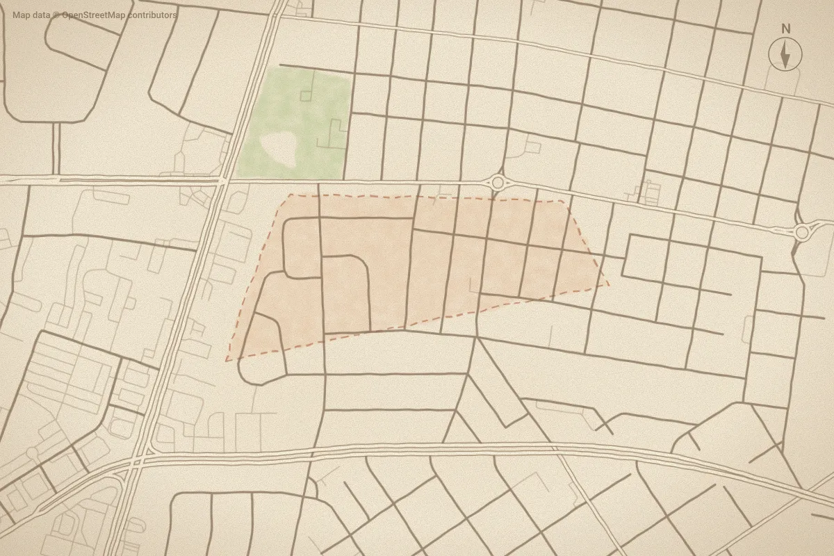 Watercolor map of Lincoln Park in Greenville, NC, showing its streets, water and surroundings