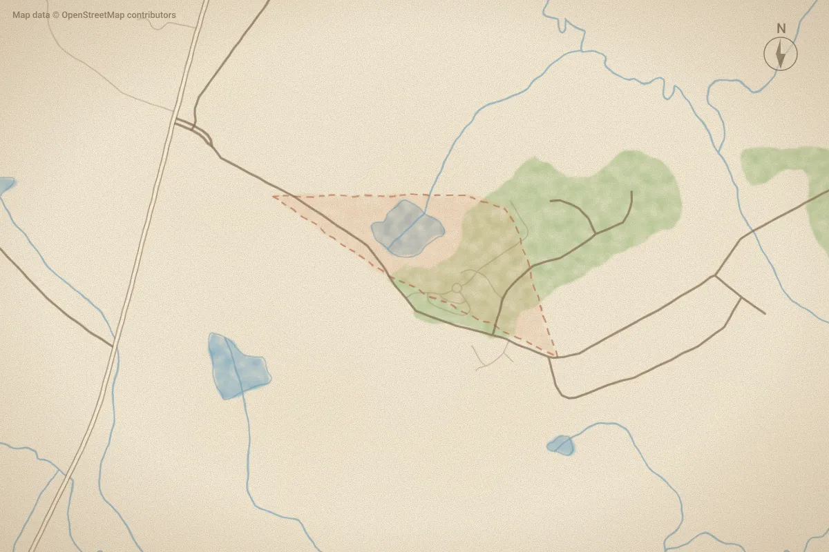 Watercolor map of Little River Fa in Carthage, NC, showing its streets, water and surroundings