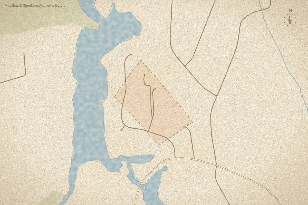 Watercolor map of Long Creek Estate in Havelock, NC, showing its streets, water and surroundings