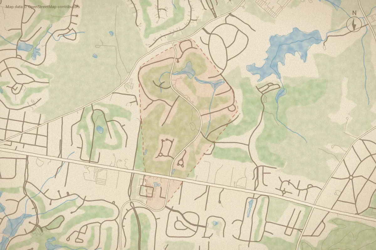 Watercolor map of Longleaf CC in Southern Pines, NC, showing its streets, water and surroundings
