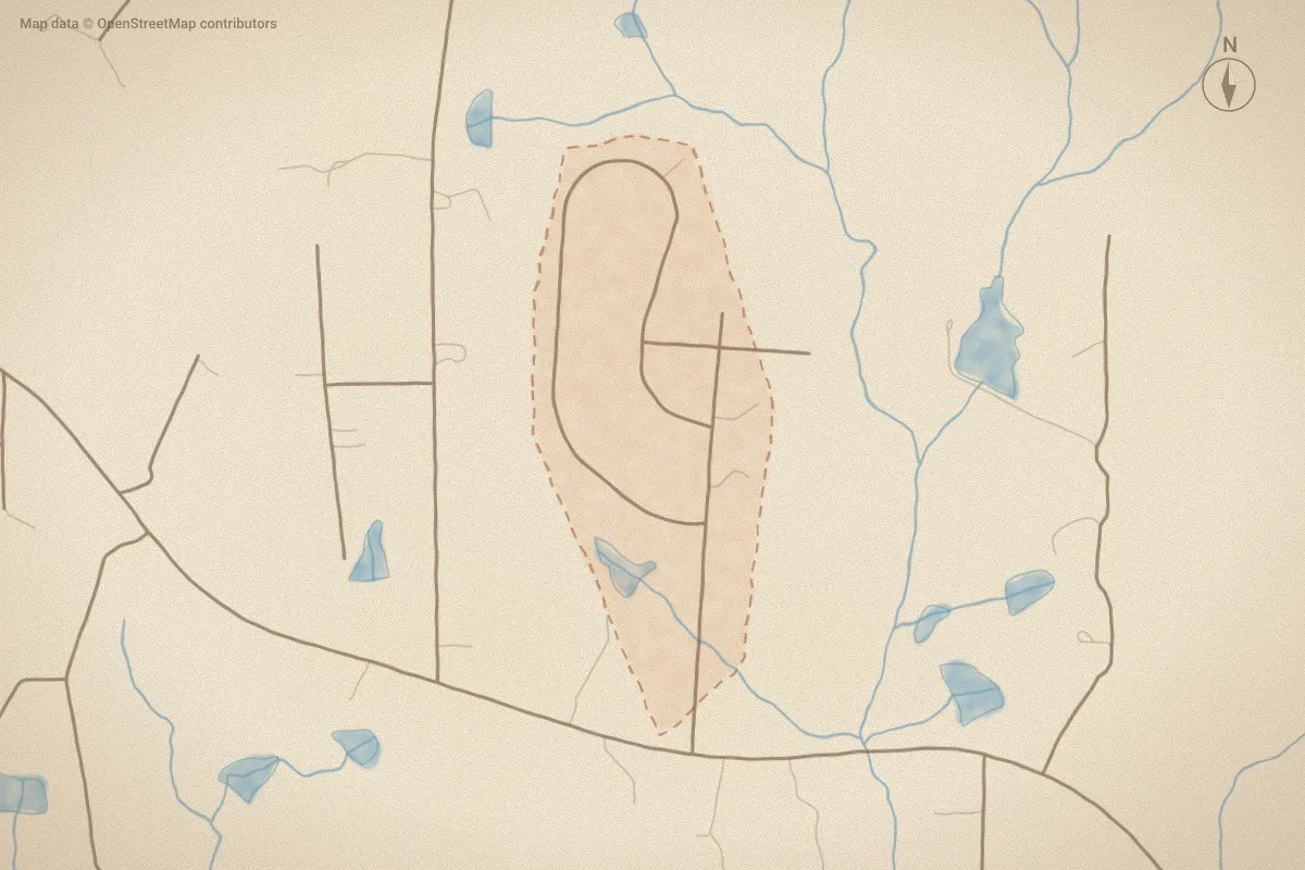 Watercolor map of Longleaf Estate in Carthage, NC, showing its streets, water and surroundings