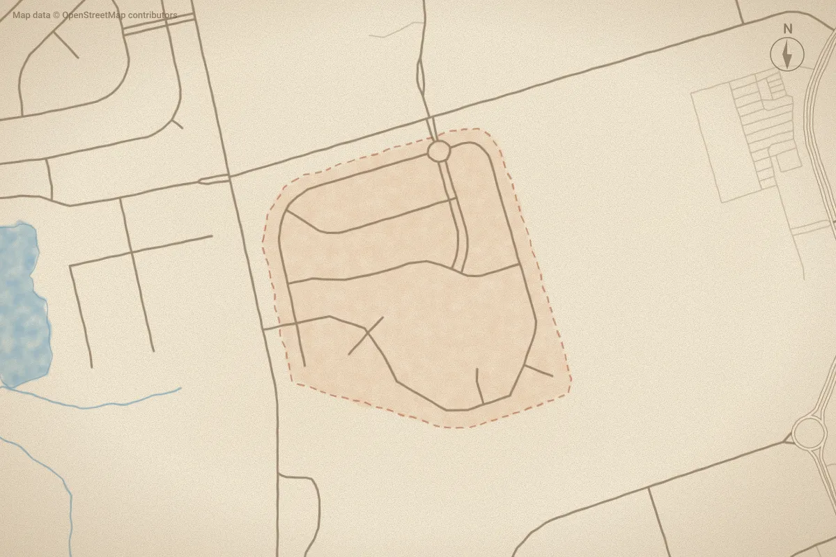 Watercolor map of Longleaf Pines in New Bern, NC, showing its streets, water and surroundings