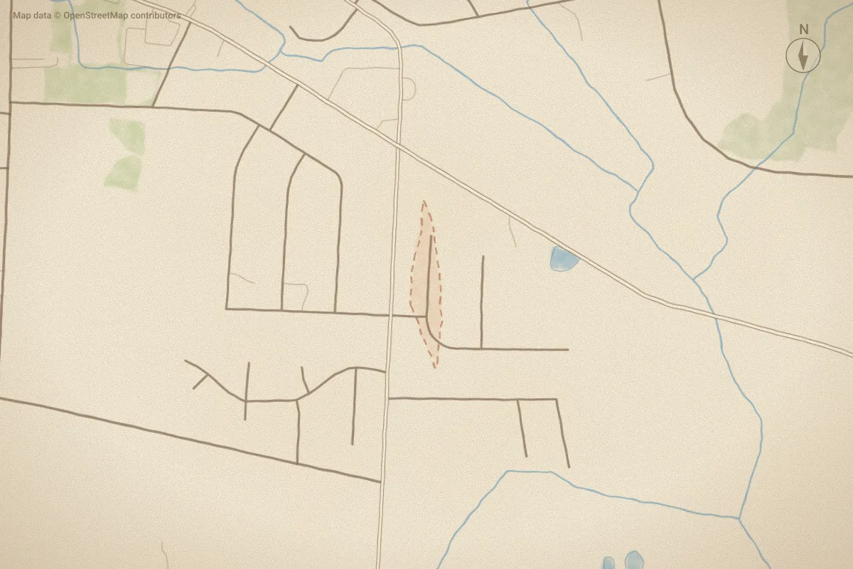 Watercolor map of Longleaf Village in Selma, NC, showing its streets, water and surroundings