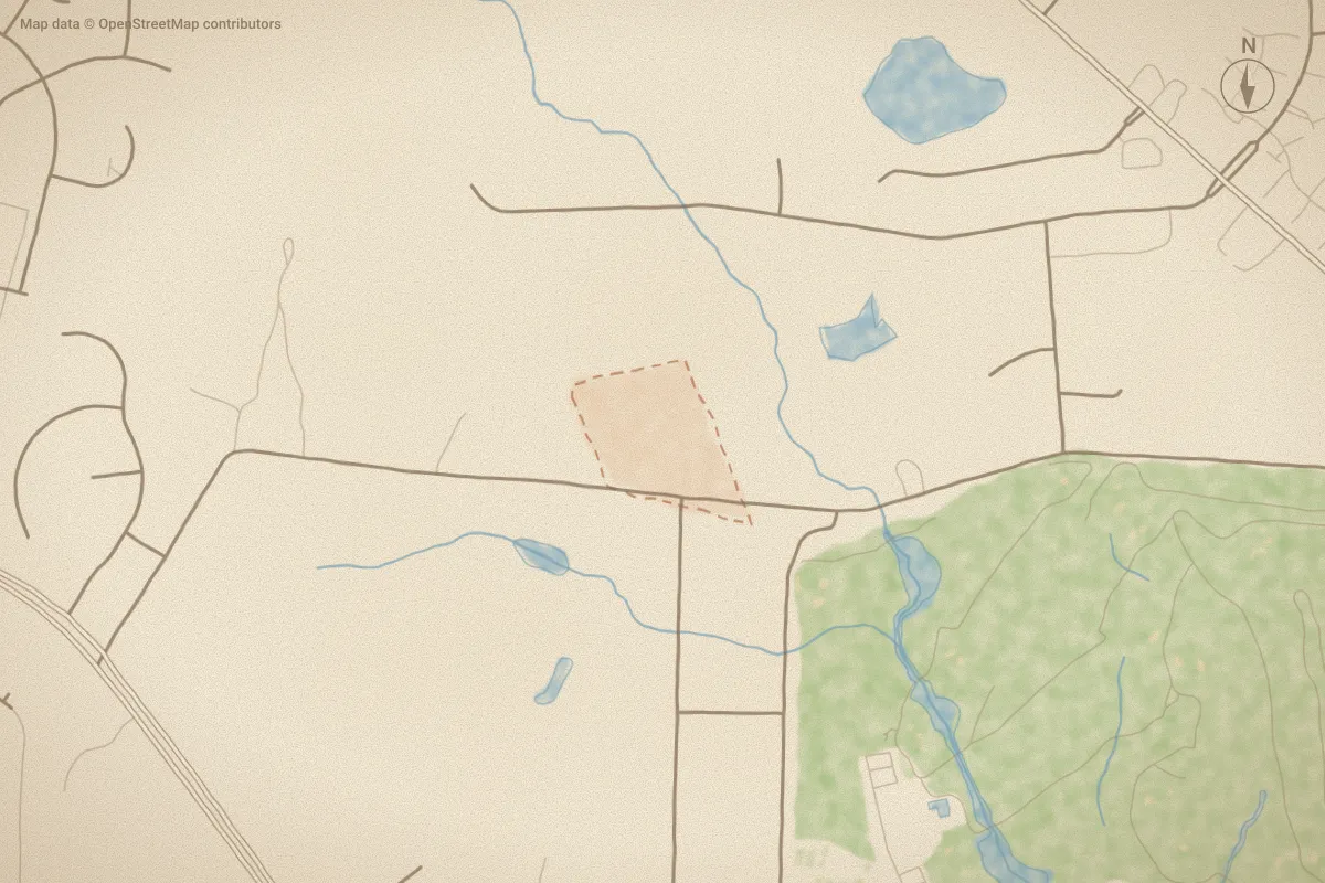 Watercolor map of Longneedle in Rocky Mount, NC, showing its streets, water and surroundings