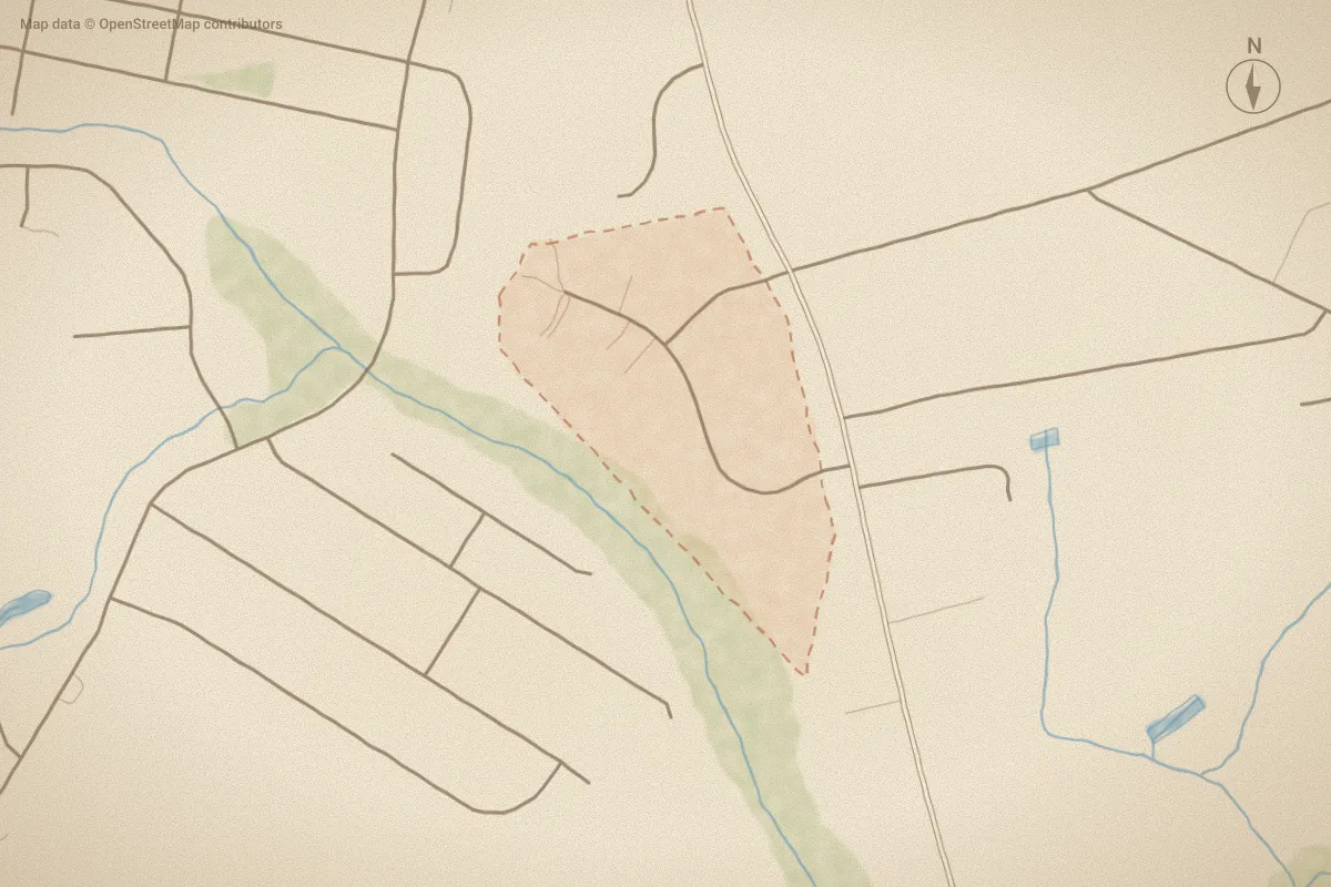 Watercolor map of Madison Grove in Greenville, NC, showing its streets, water and surroundings