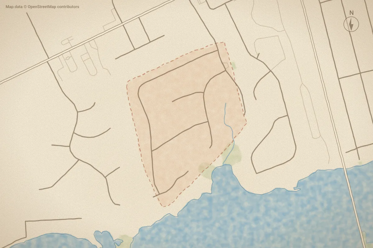 Watercolor map of Magens Bay in Cedar Point, NC, showing its streets, water and surroundings