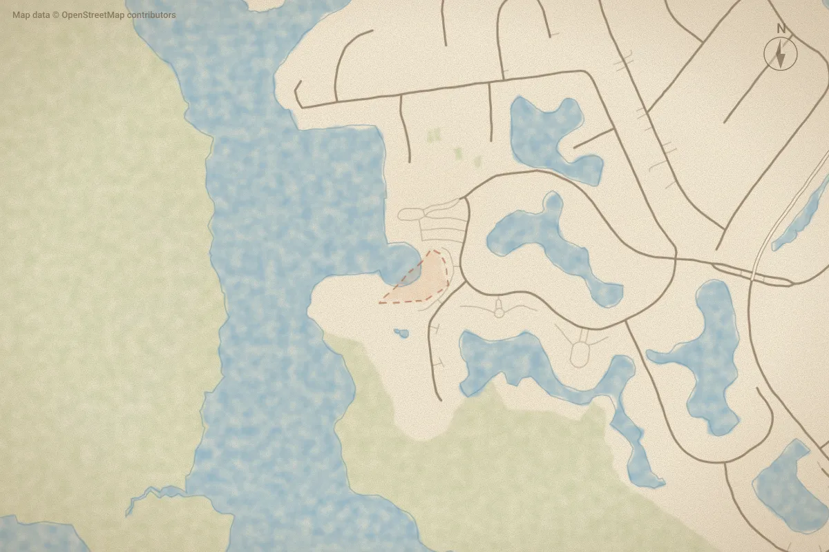 Watercolor map of Marina Townes in New Bern, NC, showing its streets, water and surroundings