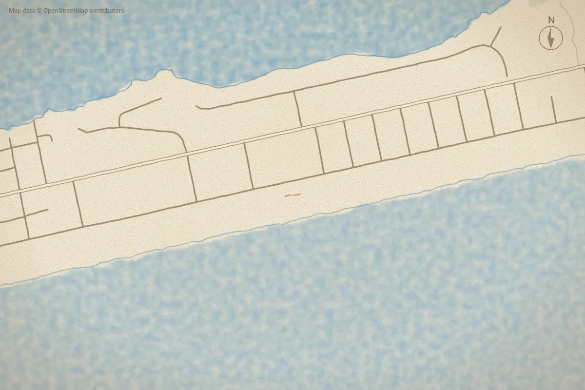 Watercolor map of Marlin Point in Emerald Isle, NC, showing its streets, water and surroundings