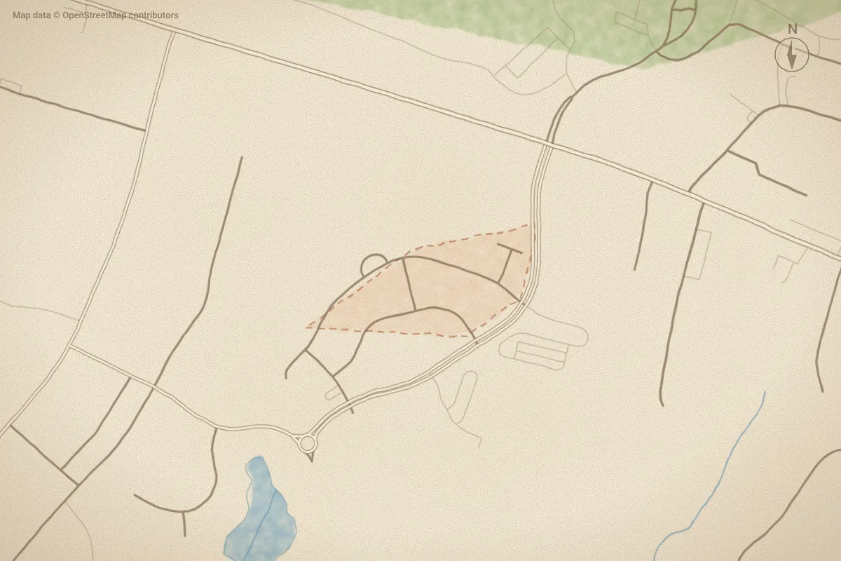 Watercolor map of Martin Farms in Aberdeen, NC, showing its streets, water and surroundings