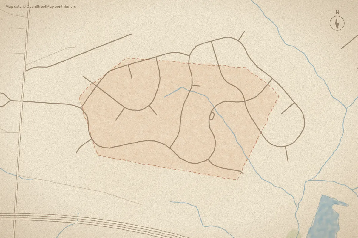 Watercolor map of Meares Bluff in Goldsboro, NC, showing its streets, water and surroundings