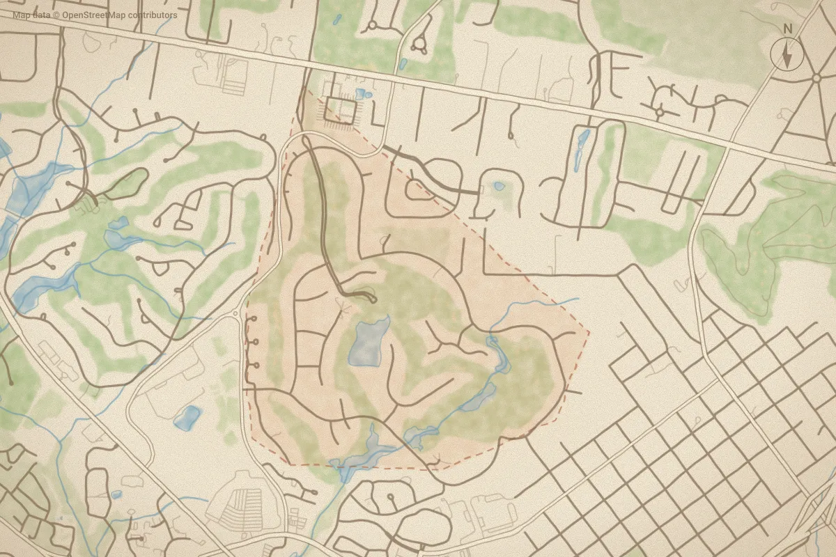 Watercolor map of Mid South Club in Southern Pines, NC, showing its streets, water and surroundings