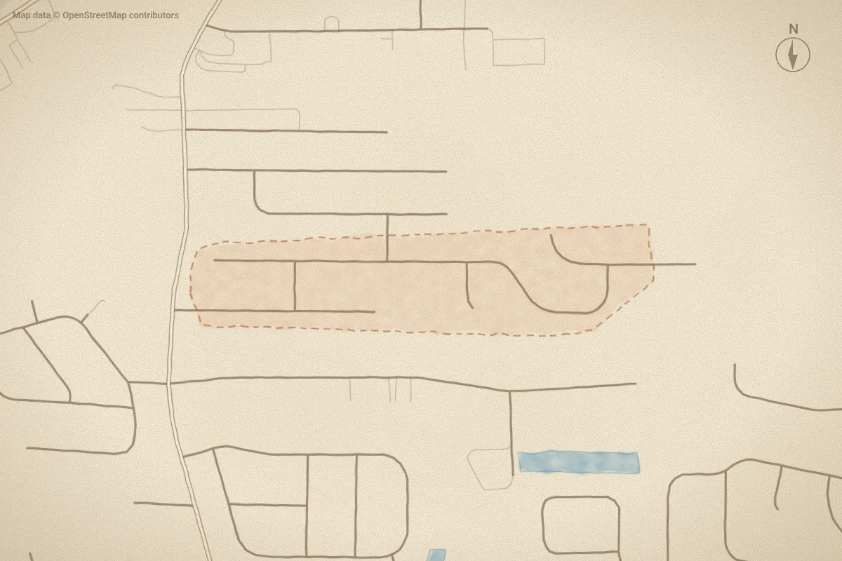 Watercolor map of Mill Creek in Greenville, NC, showing its streets, water and surroundings