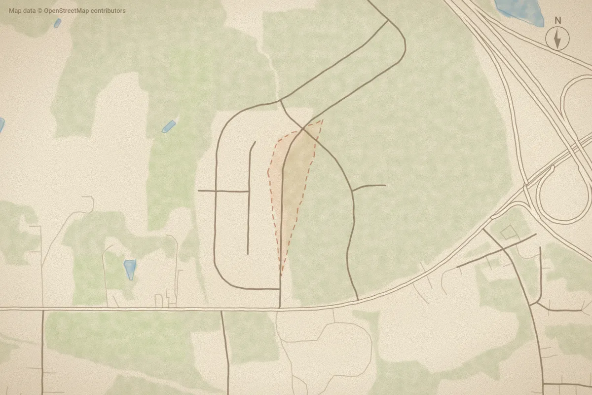 Watercolor map of Mill Stone Creek in Sims, NC, showing its streets, water and surroundings