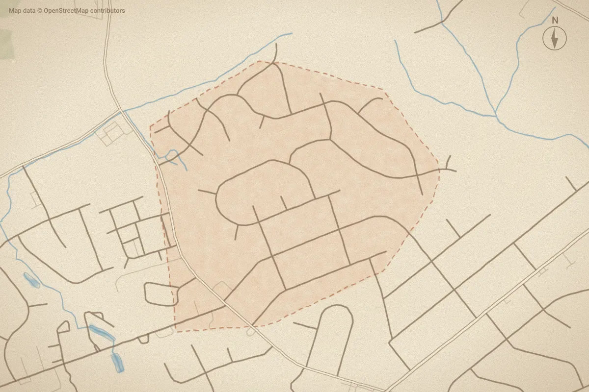 Watercolor map of Mimosa Park in Goldsboro, NC, showing its streets, water and surroundings