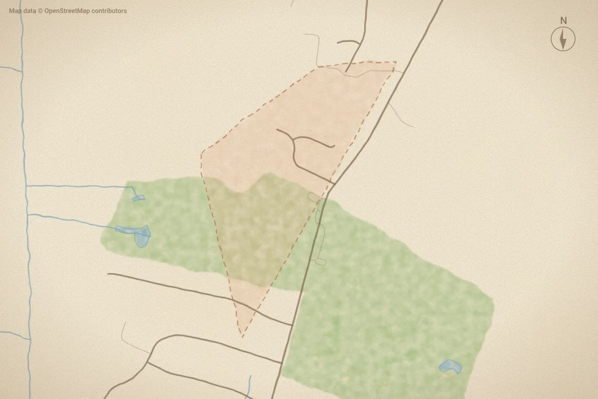 Watercolor map of Montevallo in Ayden, NC, showing its streets, water and surroundings
