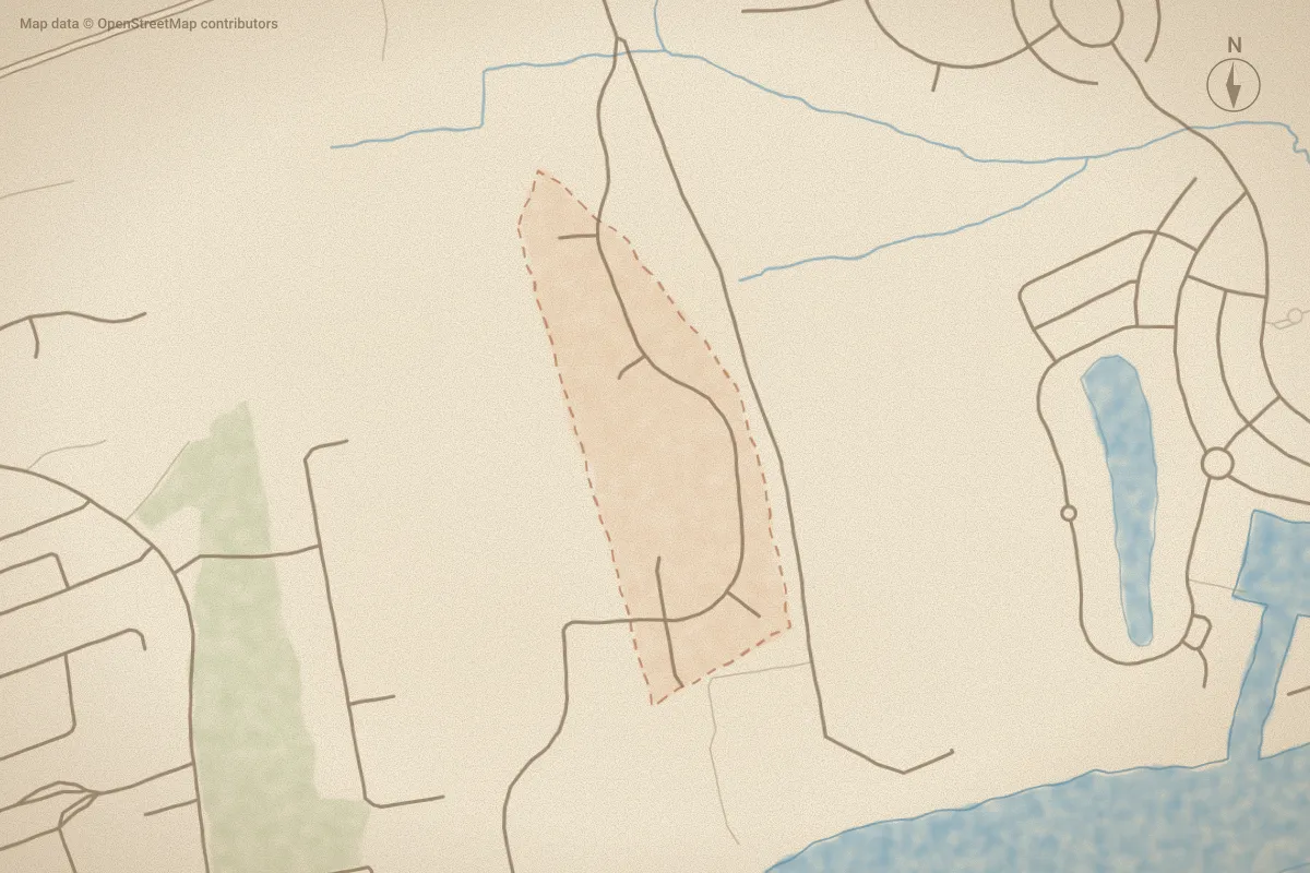 Watercolor map of Morada Bay in Newport, NC, showing its streets, water and surroundings