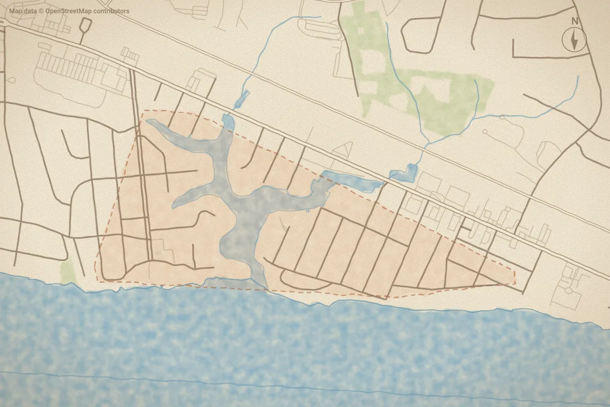 Watercolor map of Morehead Bluffs in Morehead City, NC, showing its streets, water and surroundings