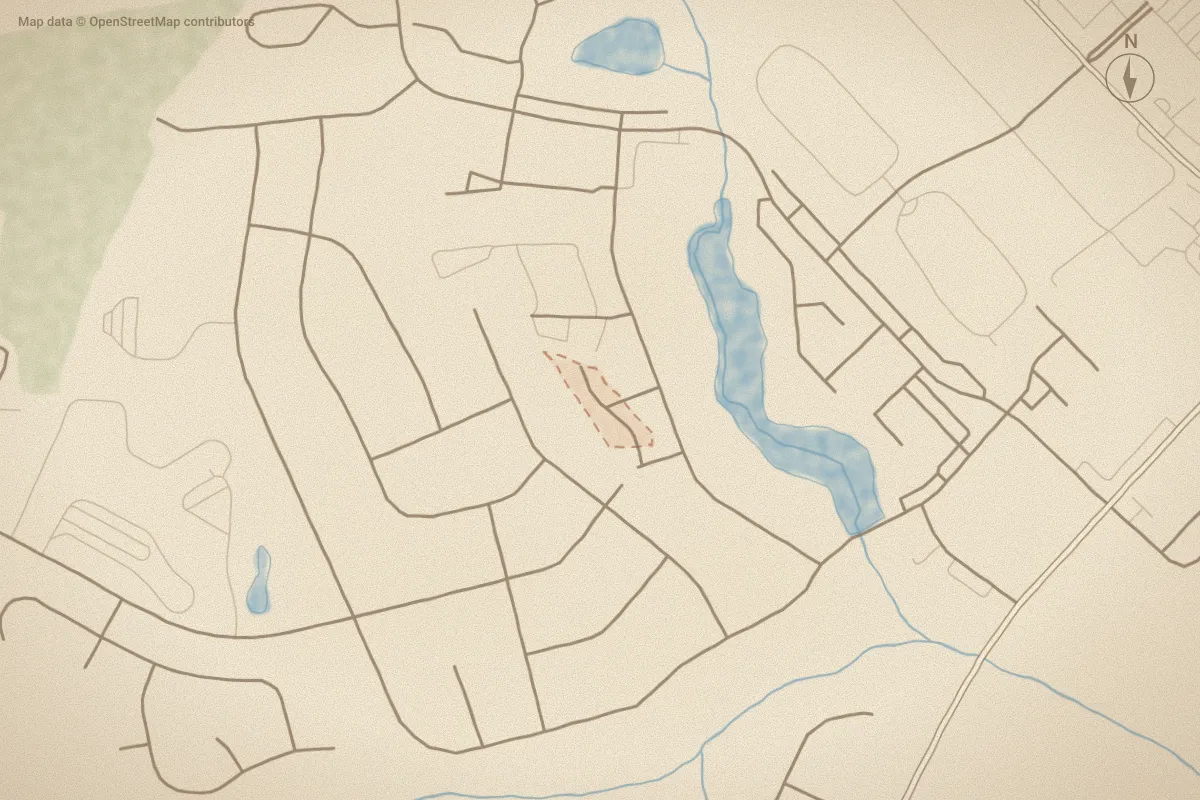 Watercolor map of Moss Creek in Greenville, NC, showing its streets, water and surroundings