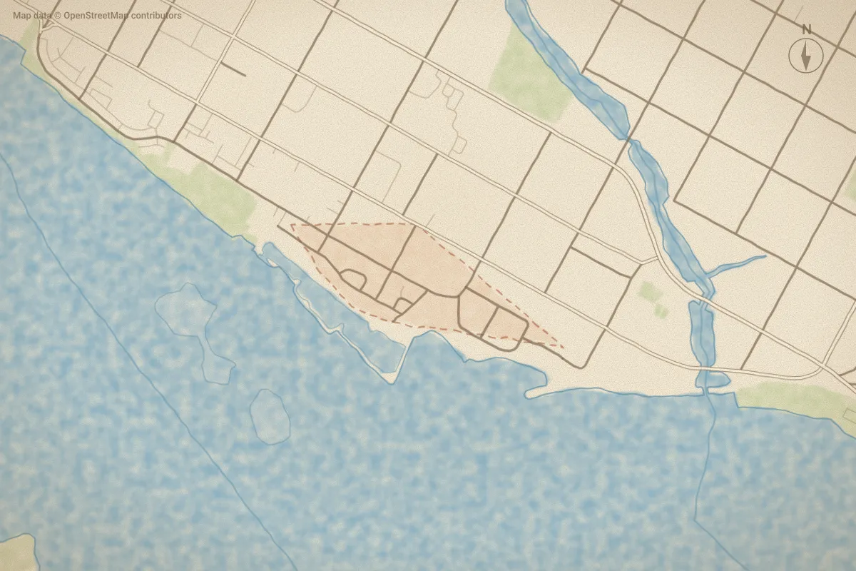 Watercolor map of Moss Landing in Washington, NC, showing its streets, water and surroundings