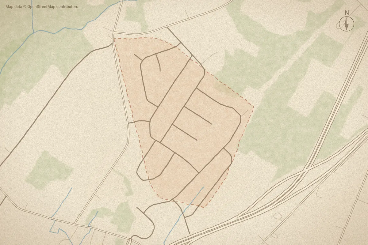Watercolor map of Mount Hermon Village in Elizabeth City, NC, showing its streets, water and surroundings