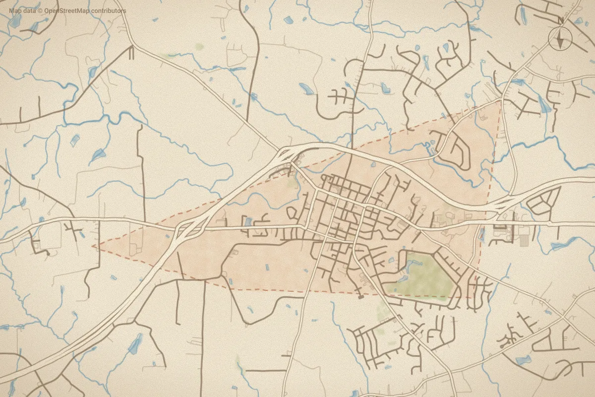 Watercolor map of Nash County in Nashville, NC, showing its streets, water and surroundings