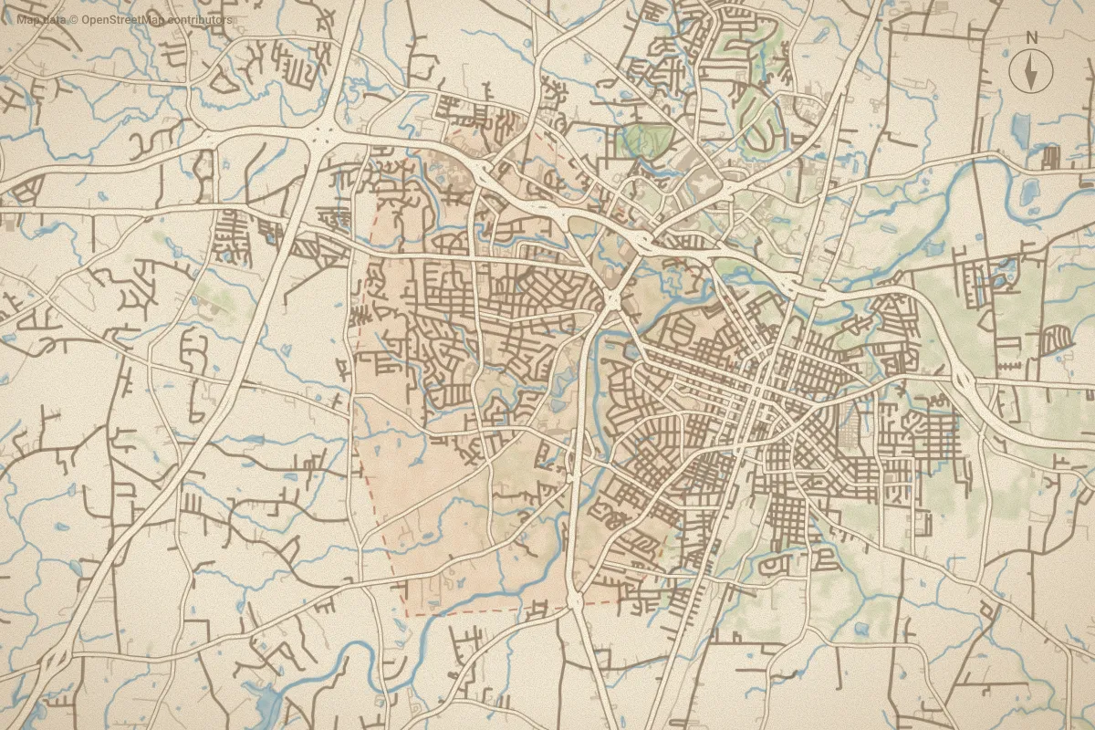 Watercolor map of Nash County in Rocky Mount, NC, showing its streets, water and surroundings