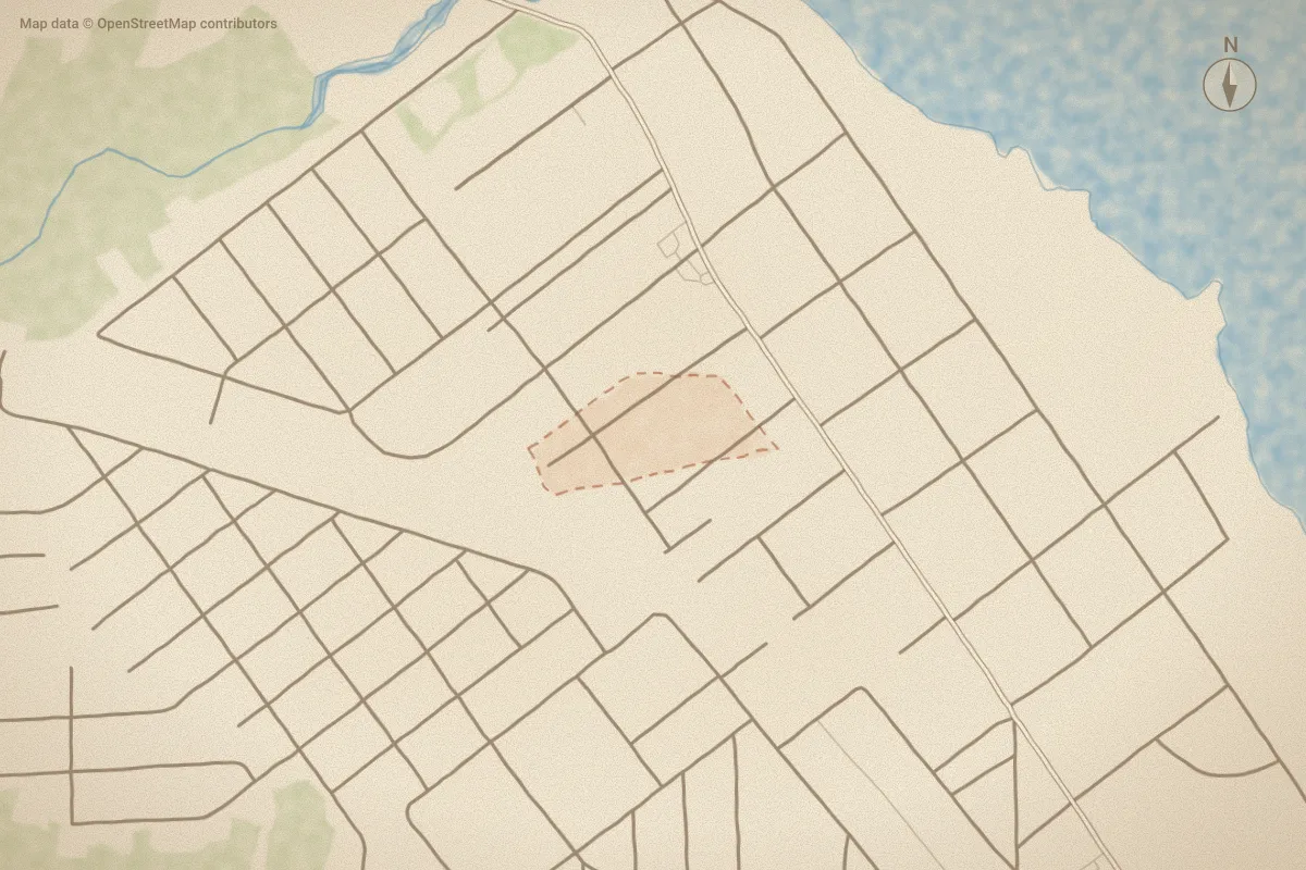 Watercolor map of National Court in New Bern, NC, showing its streets, water and surroundings