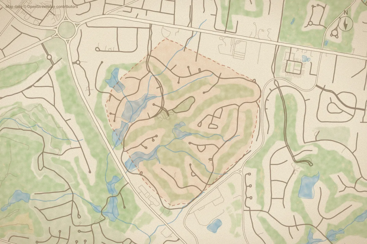 Watercolor map of National in Pinehurst, NC, showing its streets, water and surroundings