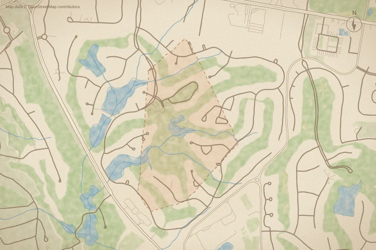 Watercolor map of National in Southern Pines, NC, showing its streets, water and surroundings