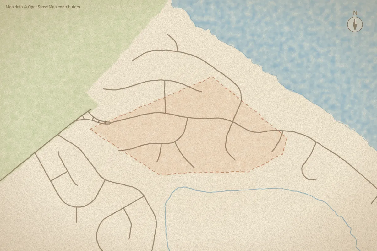 Watercolor map of Neuse Harbor in New Bern, NC, showing its streets, water and surroundings