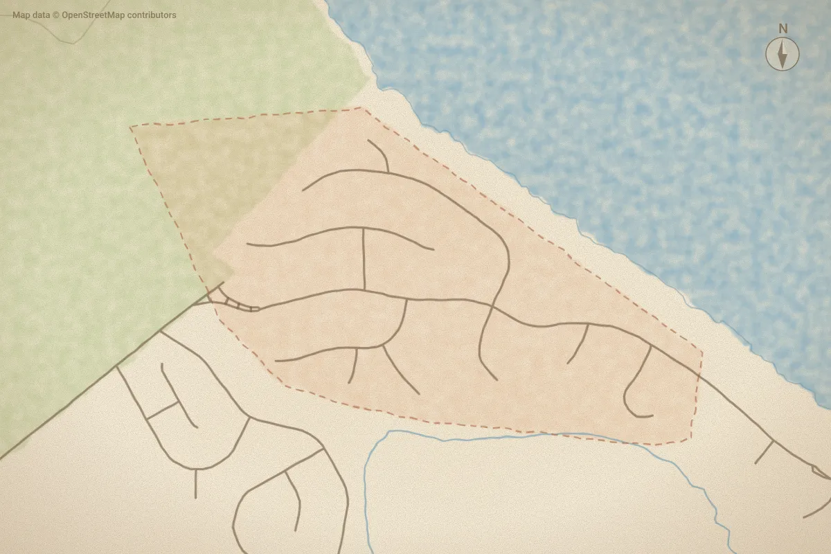Watercolor map of Neuse Harbour in New Bern, NC, showing its streets, water and surroundings